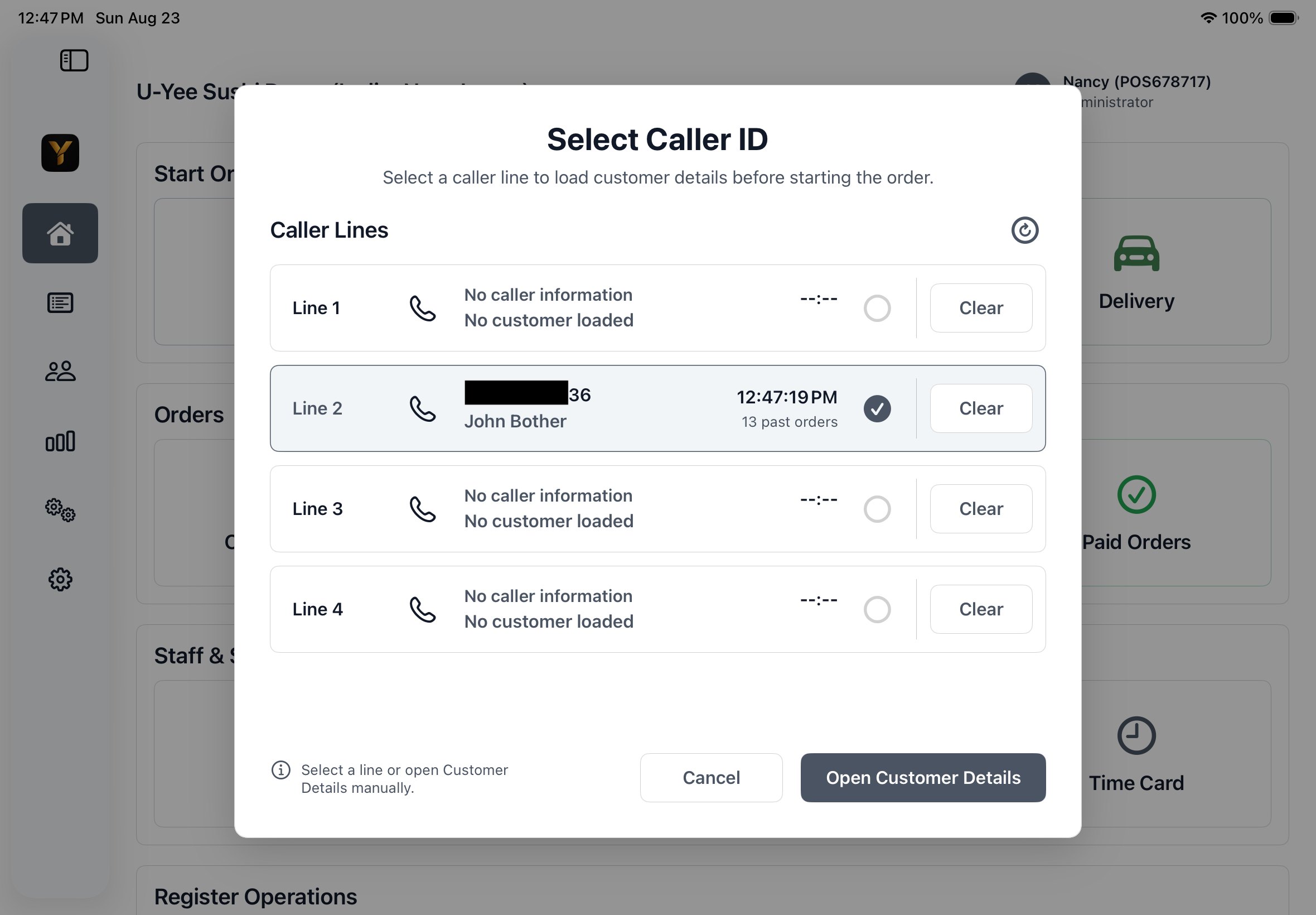 Yarra POS Select Caller ID screen on iPad showing four caller lines and a matched customer with past-order count.
