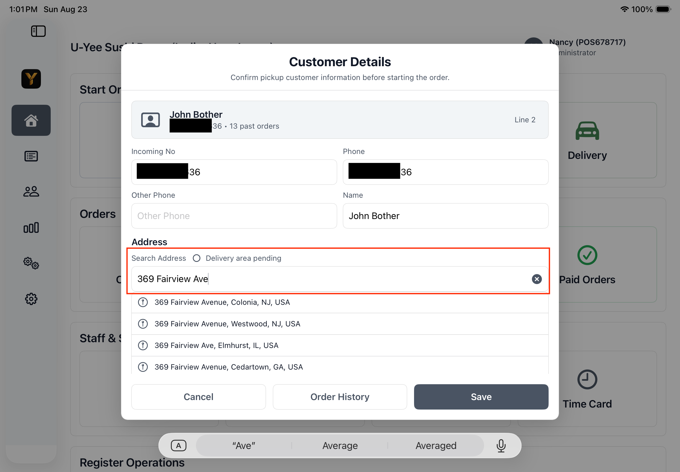 Yarra POS Customer Details screen on iPad showing delivery-address autocomplete suggestions and delivery-area validation status.