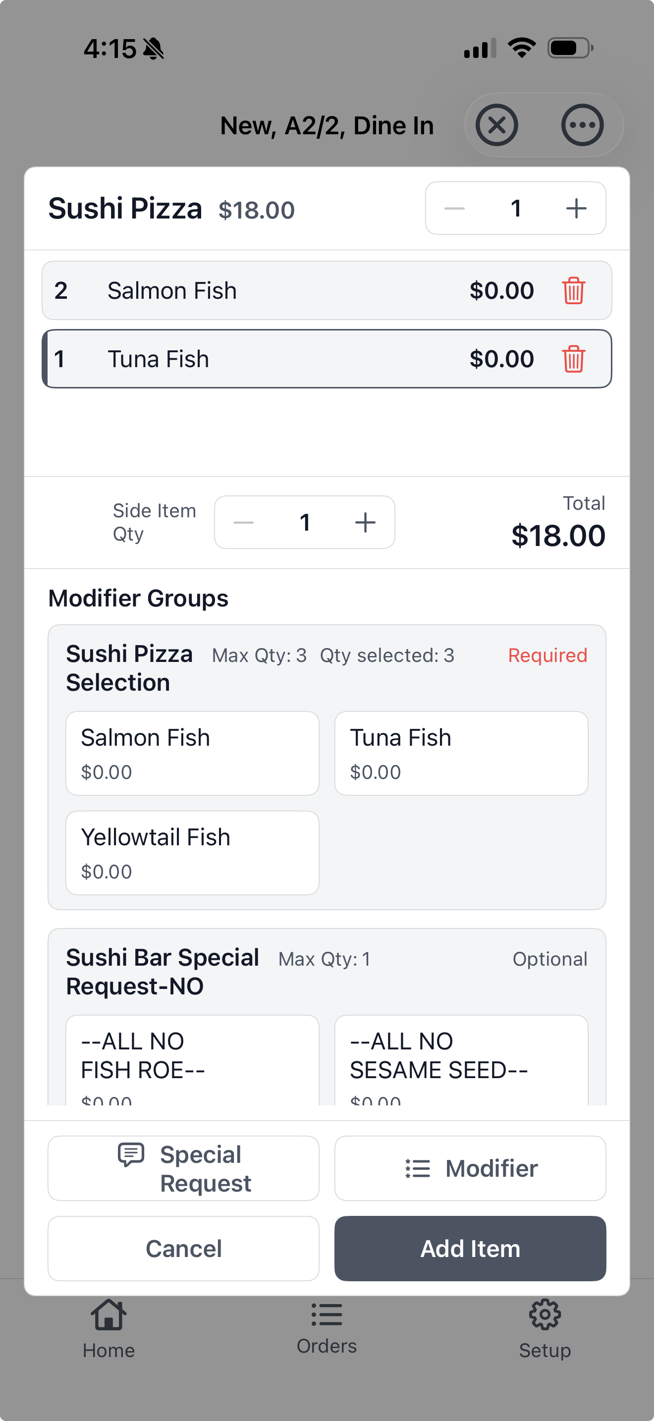 Yarra POS on iPhone showing required and optional product modifier selections.