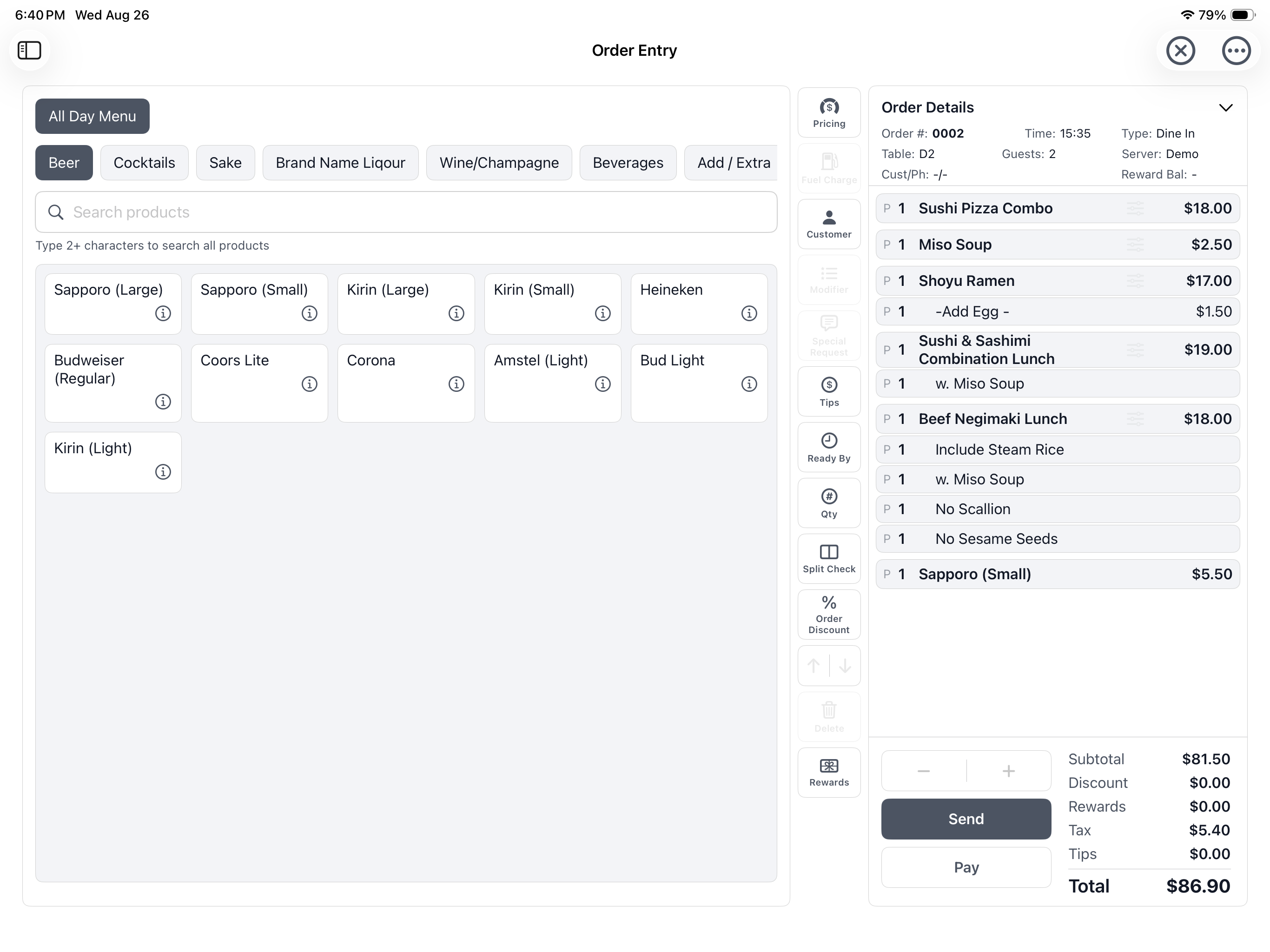 Yarra POS Order Entry on iPad showing menu categories, products, a dine-in order, modifiers, Send and Pay actions, and the order total.