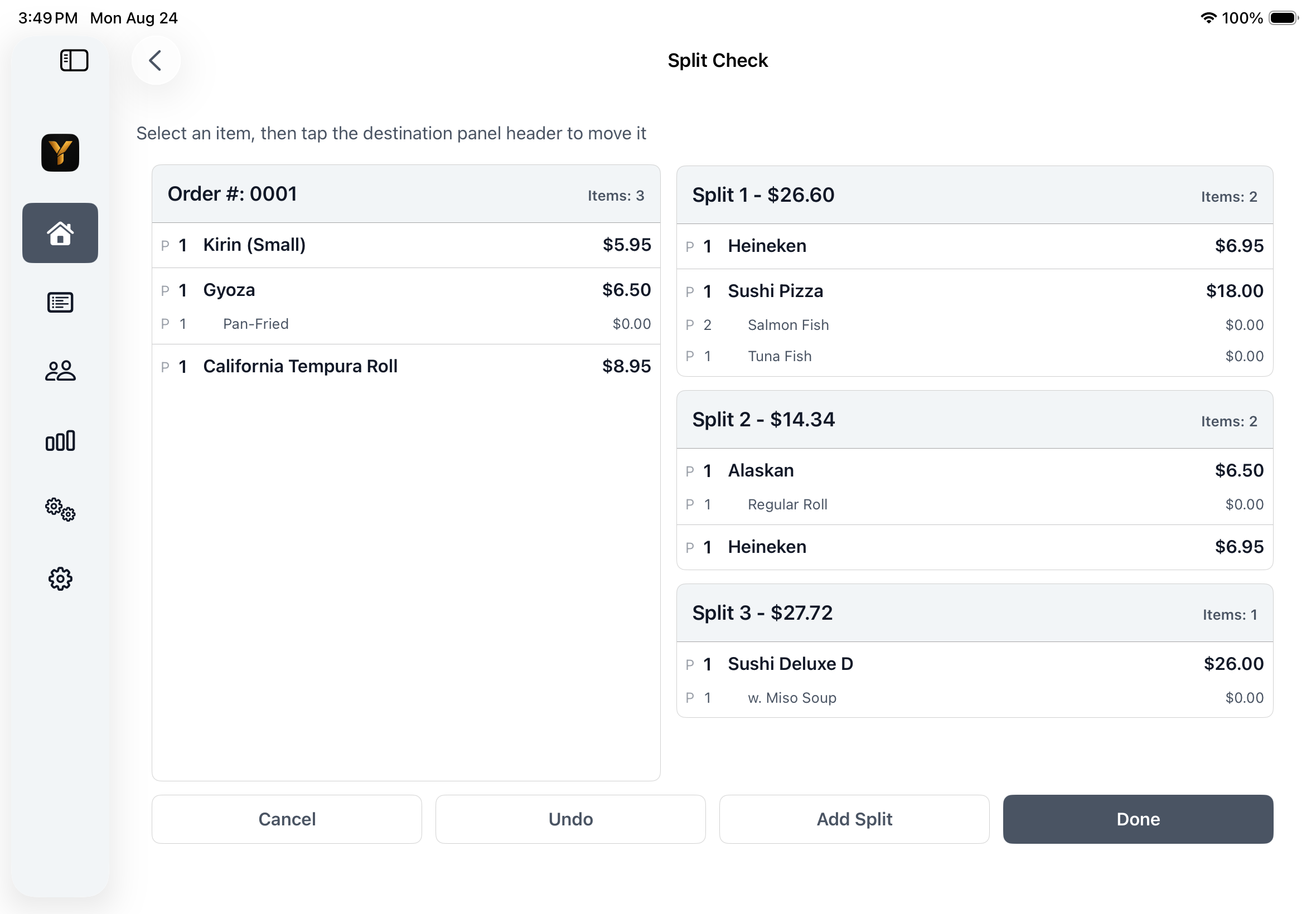 Yarra POS on iPad showing a restaurant check divided into three split checks.