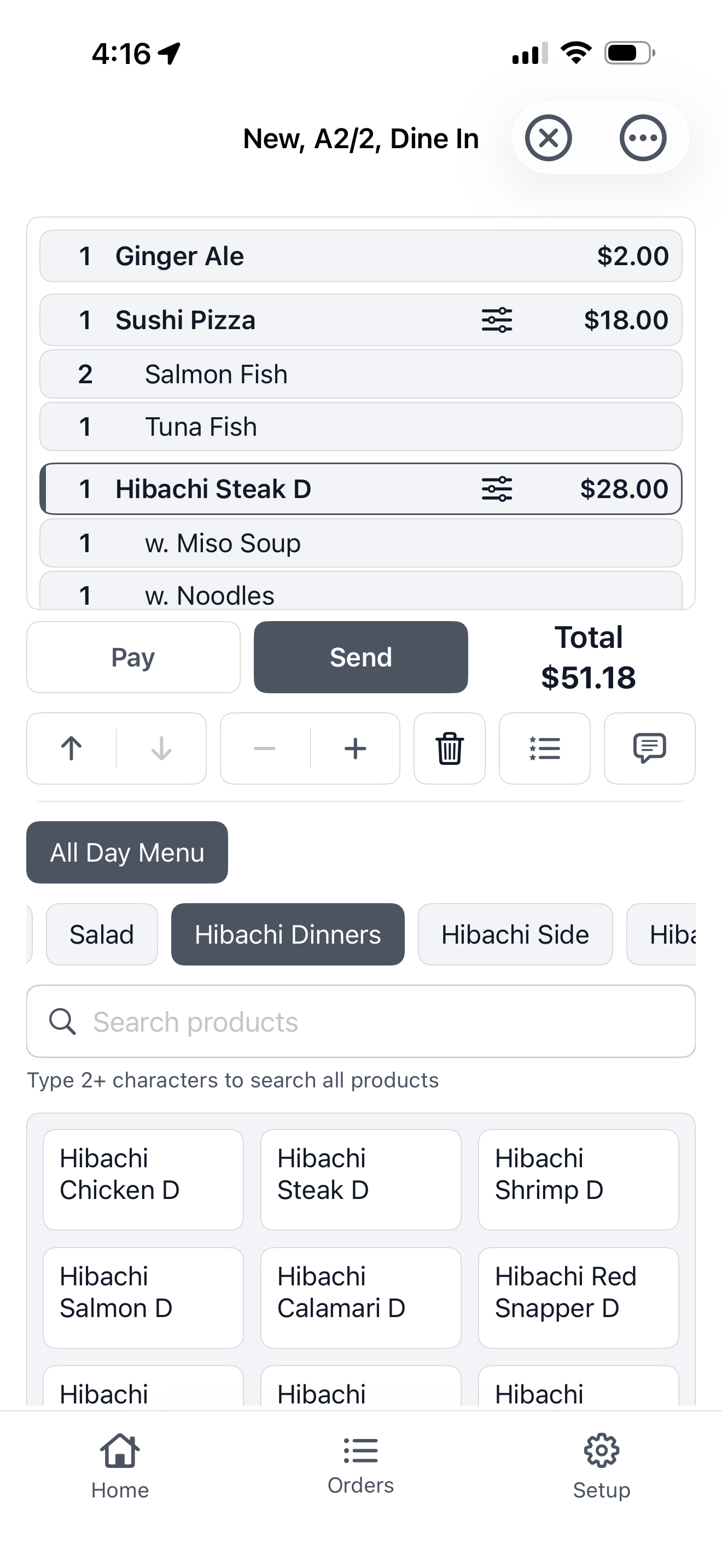 Yarra POS iPhone order-entry screen with menu categories, products, modifiers, a ticket total, Send, and Pay actions.