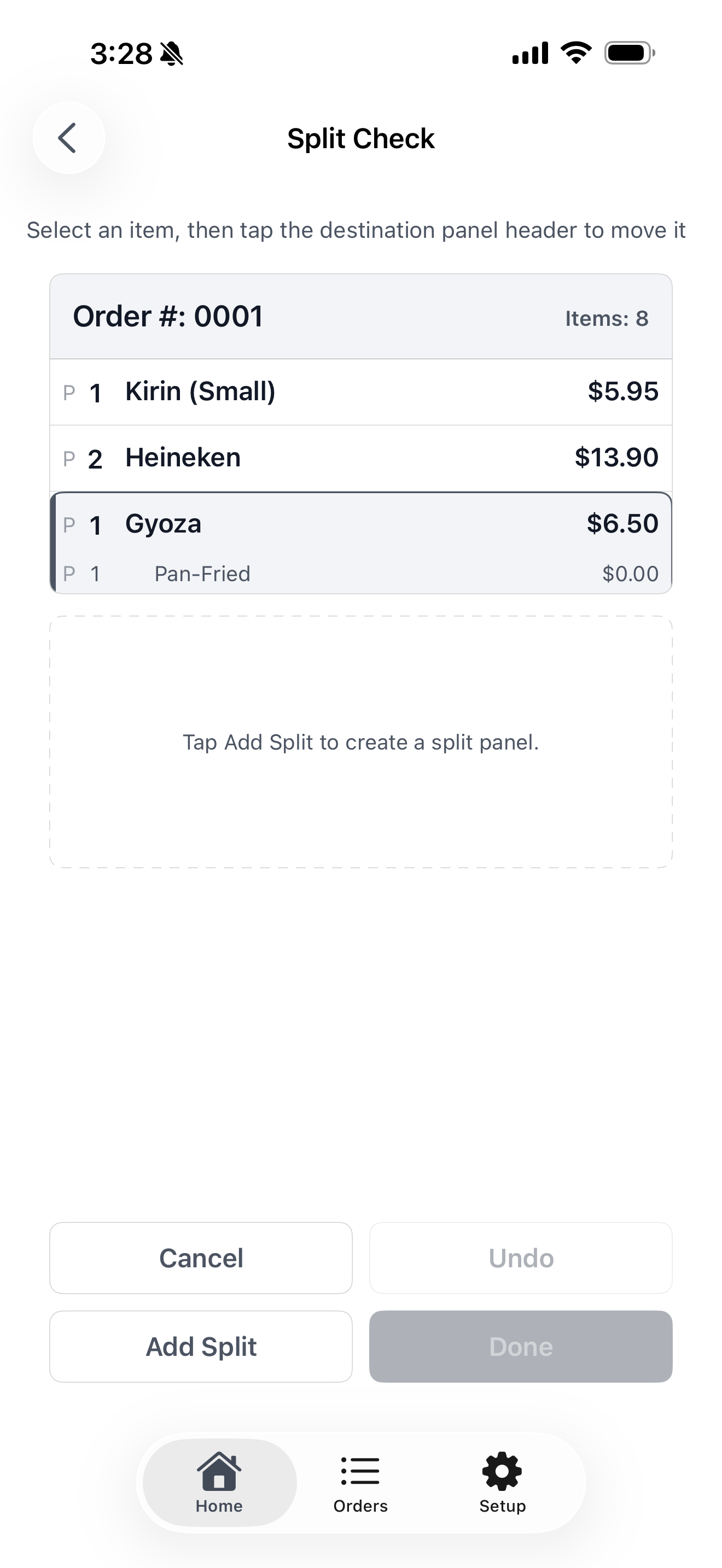 Yarra POS iPhone Split Check screen with order items and an empty destination panel.