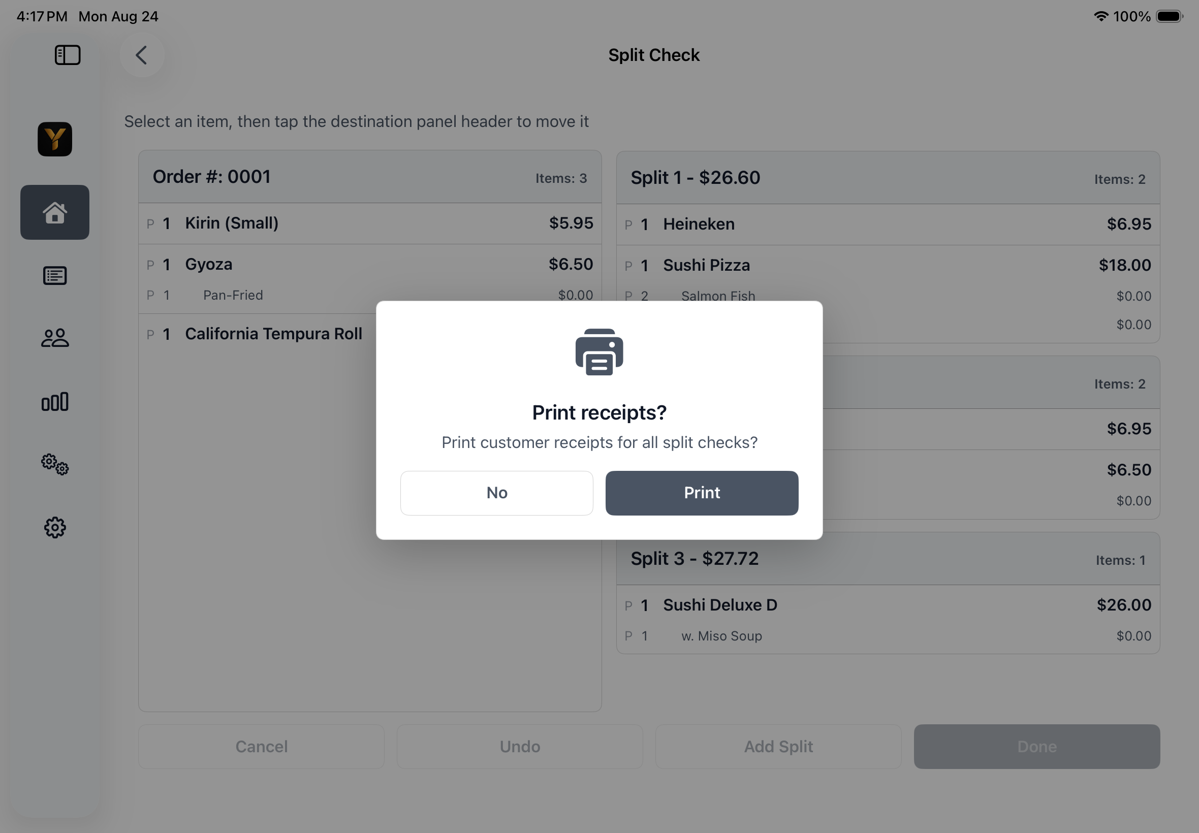 Yarra POS iPad Split Check screen asking whether to print receipts for the completed split checks.